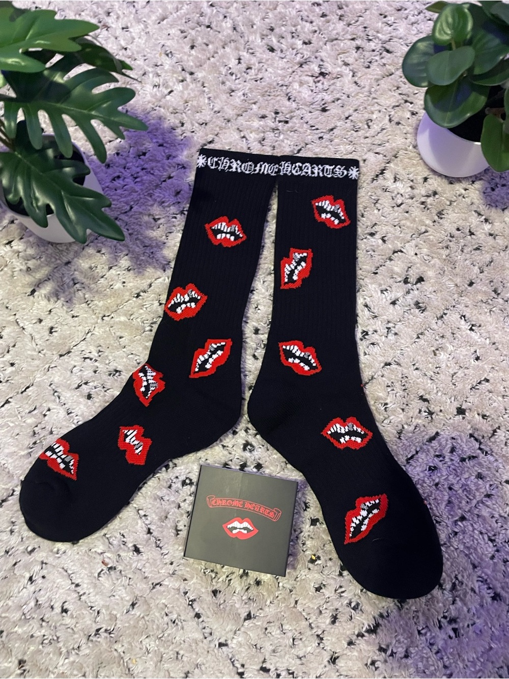 Chrome Hearts Black Crew Socks with Red Lip